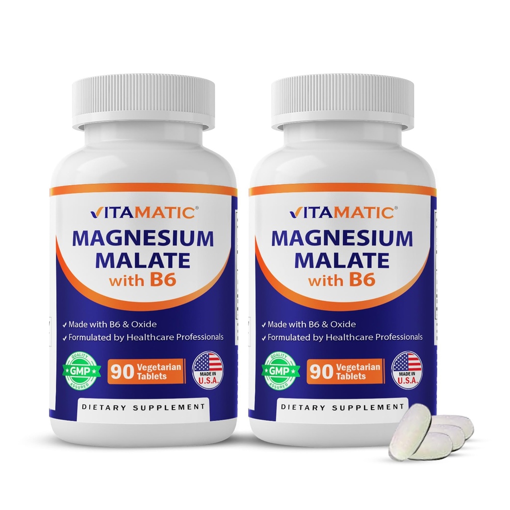 Vitamatic Magnesium Melatih 2000mg per Serving - 90 Vegetarian Tablet - Ditambahkan B6 untuk Absorpsi Maksimum - Pendukung Otot, Gabungan, dan Kesehatan Jantung * (2 Botol, Tanpa Rasa)