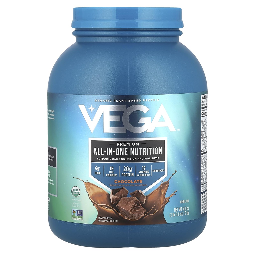 Vega All in One Nutrition Organic - 20g Plant - Based Pea Protein, Chocolate, 42 Servings, Vitamin A & C, Progrens, Greens, Vegan, Keto, Gluten Free, 61.8oz (Packaging May Vary)