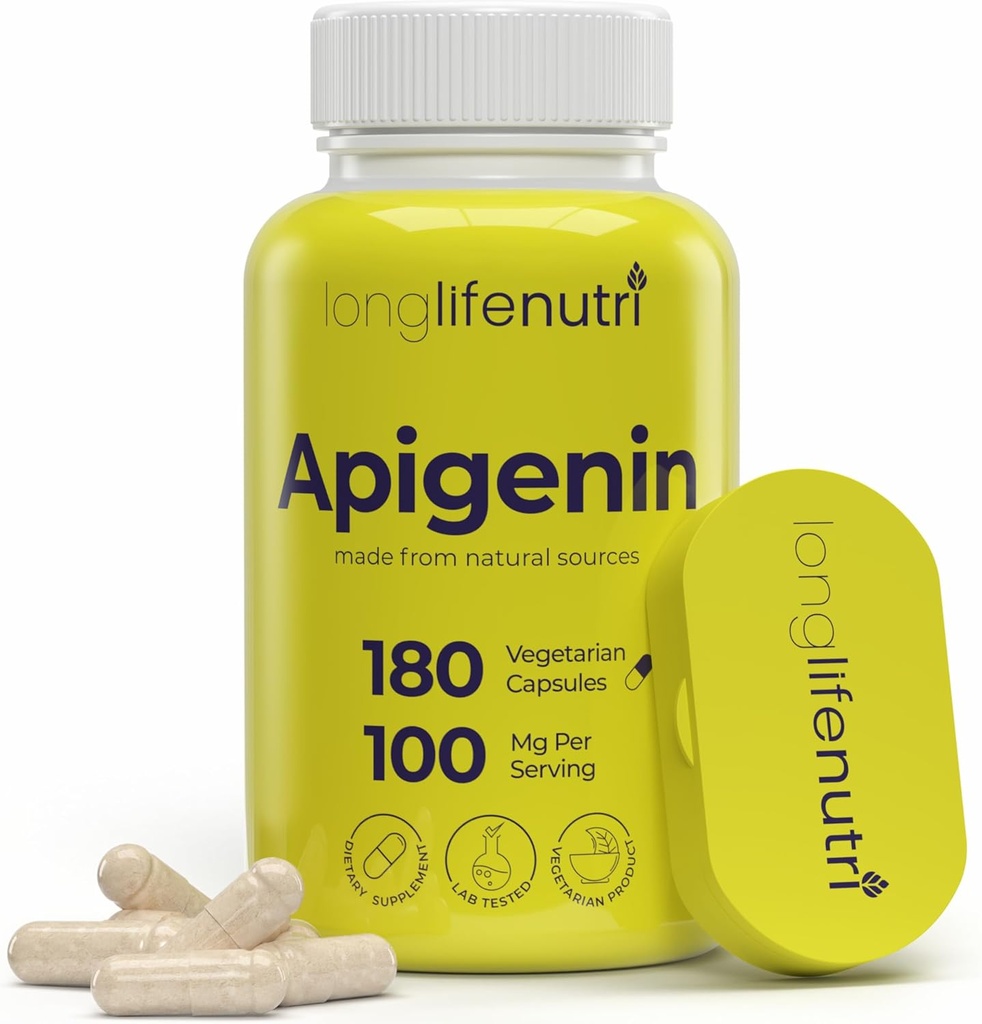 LongLifeNutri Apigenin 100mg - Natural Bioflavonoid from Chamomile Extract, 180 Vegetarian Capsules, Suplemen untuk Tidur, Mood, Relaxation, 6- Month Supppply, GMP Sertifikasi, Dibuat di AS
