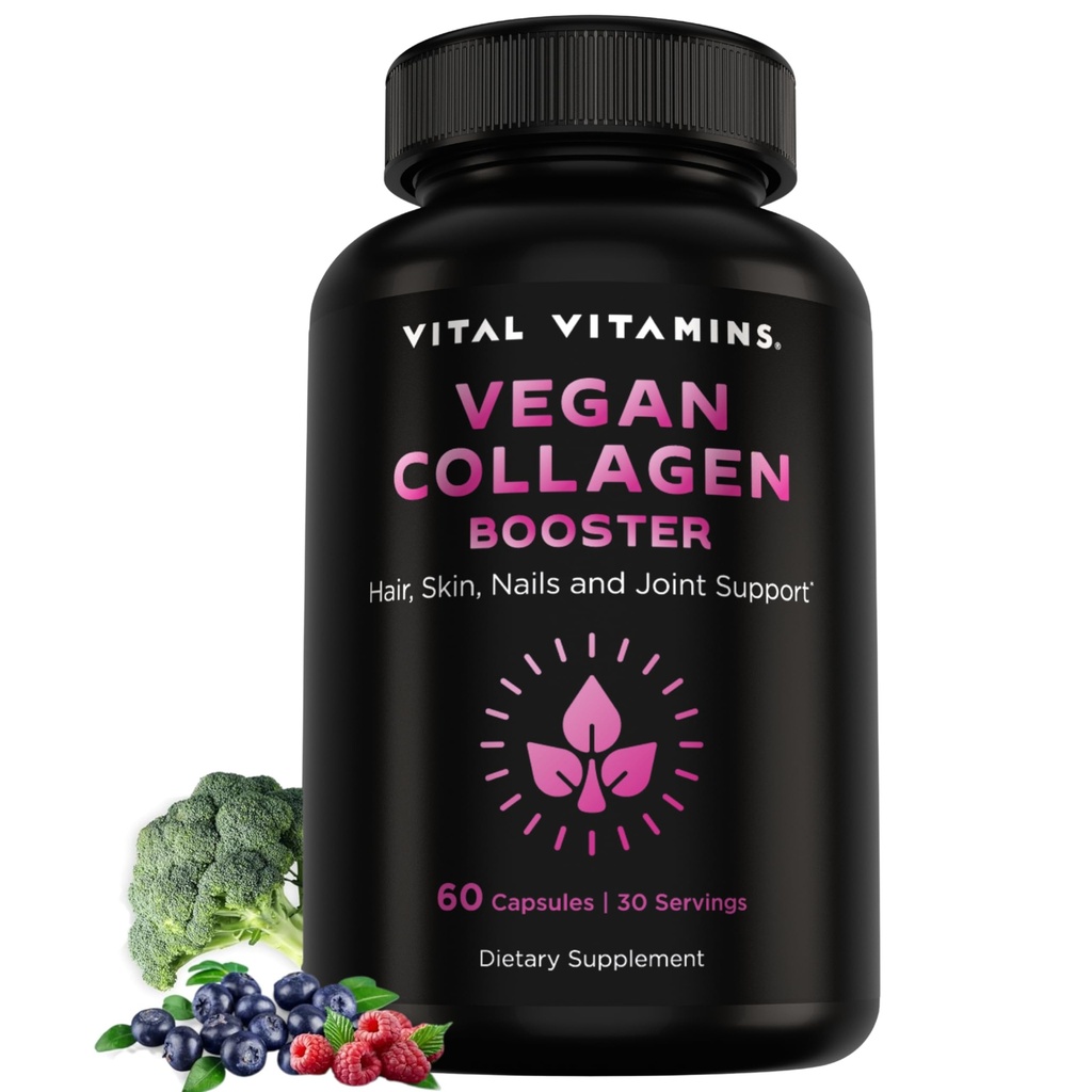 Vital Vitamin Vegan Booster - dengan Silica dan Acid Hyaluronic - Plant-Based Collagen Suplemen - Supports Rambut, Skin, Nails & Joints - 60 Capsules