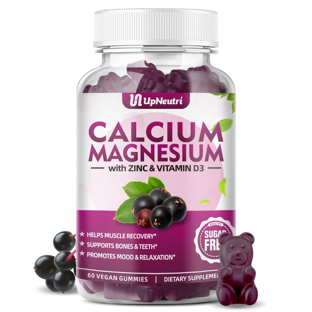 Kalsium Magnesium Zinc dengan suplemen Vitamin D3, Sugar Free Calcium Gummies untuk Pria Perempuan, Zinc Gummies Tinggi untuk Bone & Muscle & Ammune Kesehatan, Vegan Elderberry Flavor - 60 Count