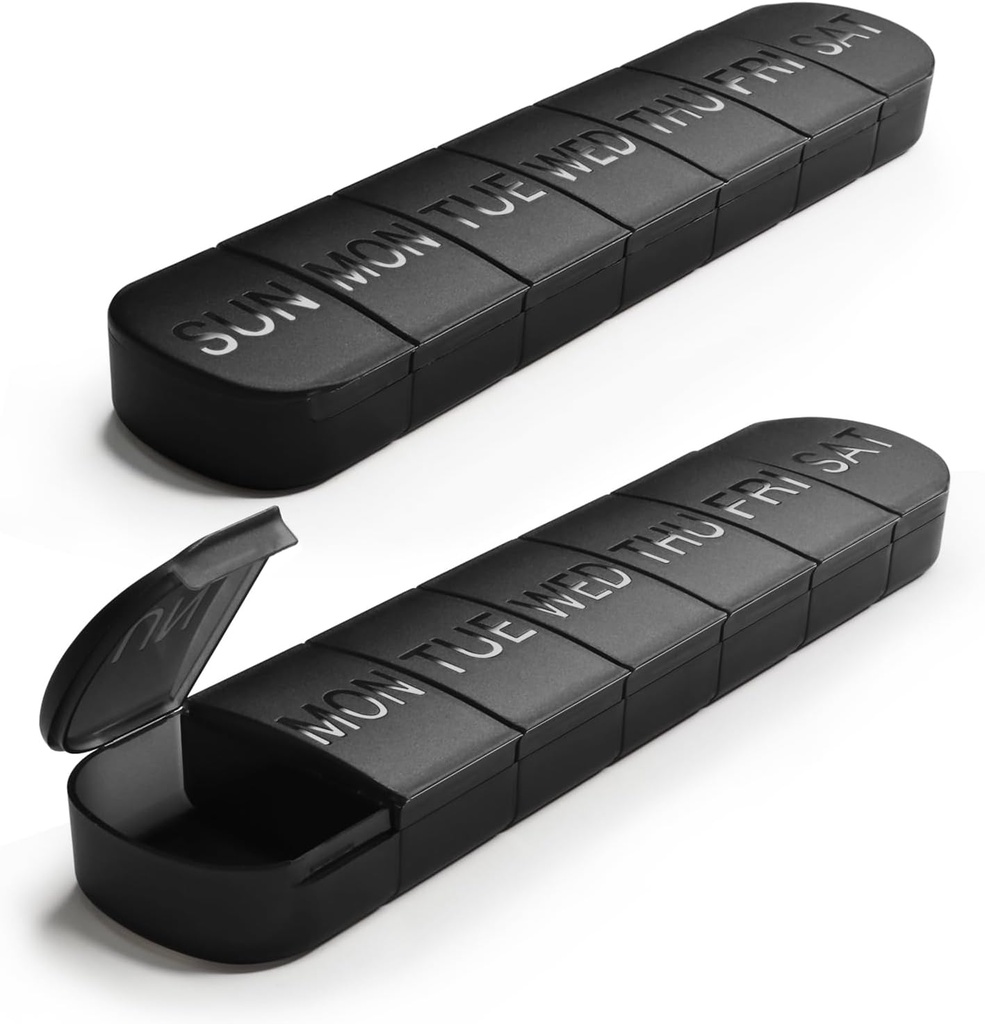 Large Weekly Pill Organizer, 2- Pack 7 Day Pill Box with Debossed Label, Fade Resistant, BPA- Free Transslucent Lids (Black & Black)