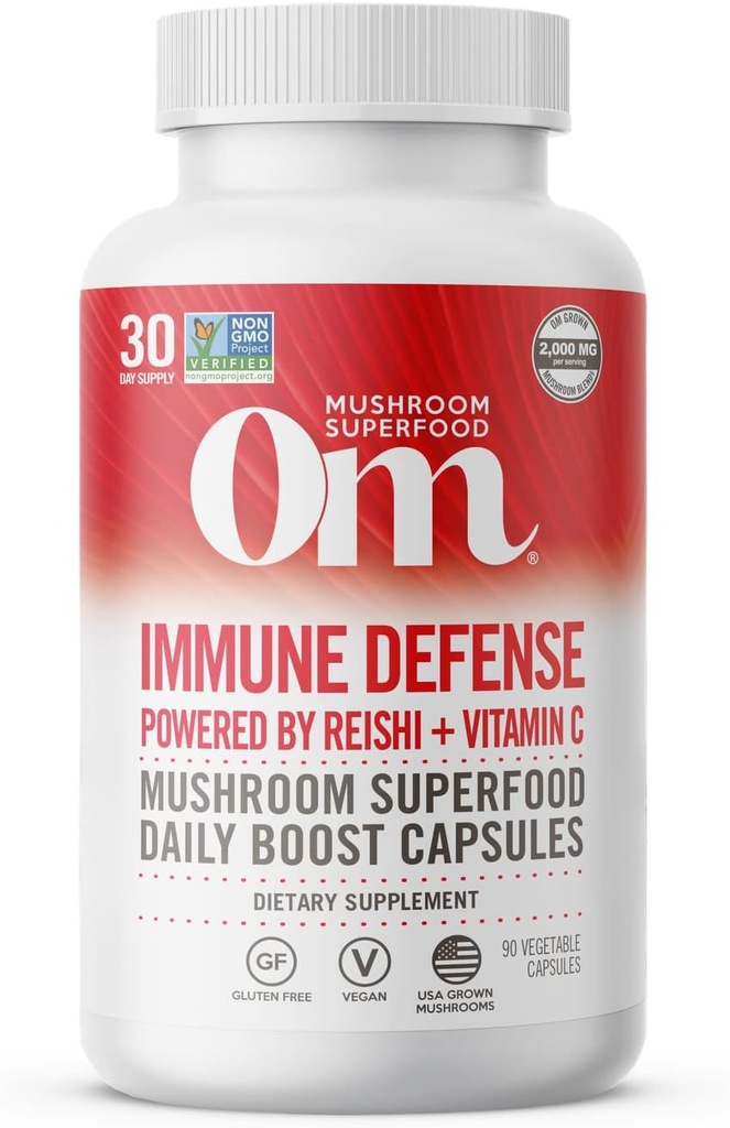 Om Mushroom Superfood Ammune Defense Mushroom Capsules Superfood Supplement, 90 Count, 30 Hari, Mushroom Blend, Reishi, Turkey Tail, Maitake, Agaricus Blazei, Vitamin C, Vegan