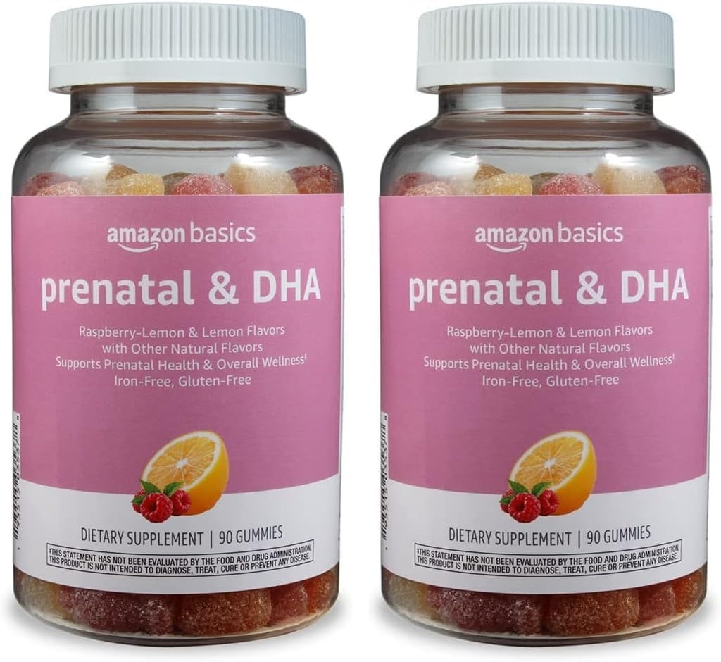 Basics Prenatal & DHA Gummy, Rasberry & Lemon Flavor, 90 Count (sebelumnya Solimo) (Paket 2)