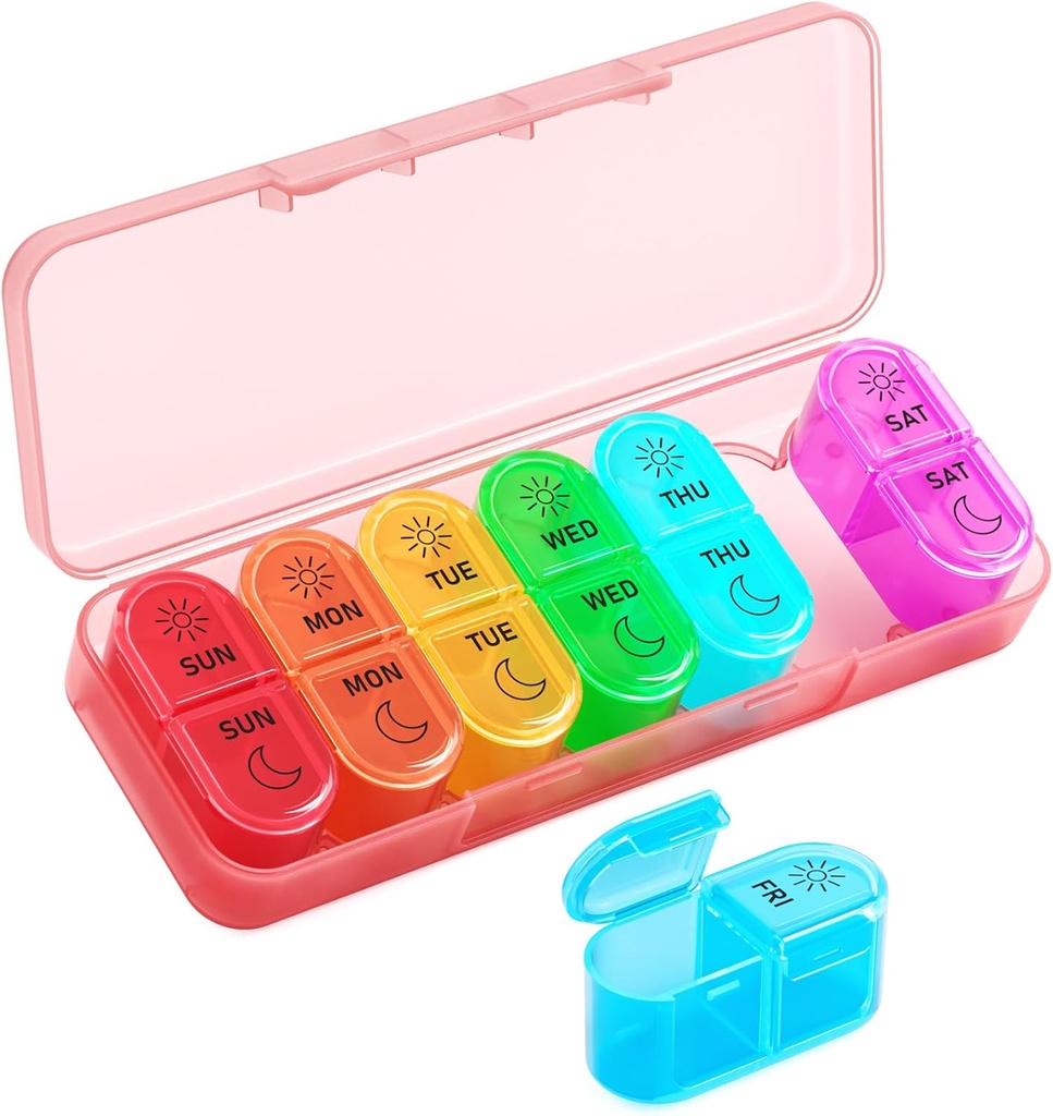 Betife Weekly Pill Organizer 2 Times sehari, 7 Hari Pill Box AM PM, Portabel Travel Pill Case, Daily Pill Container Day and Night, Medicine Organizer for Medication, Vitamin or Supplement VigPink