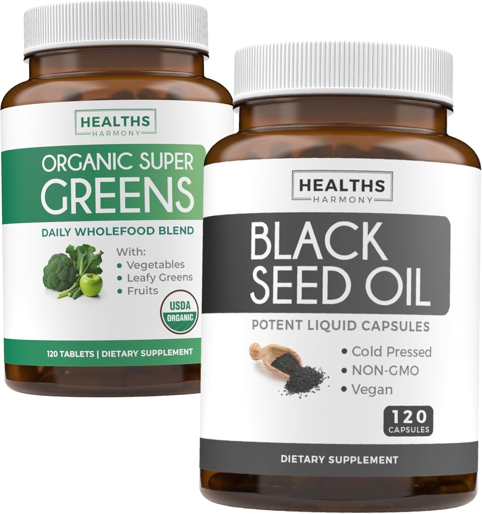 Super Greens & Black Seed (2-Month Suply) Menyambut Bundle Synergy Oil of Organic Super Greens Powder - Lengkap Superfood (120 Capsules) & Black Seed Oil - Cold- Press Nigeilla Sativa (120 Caps)