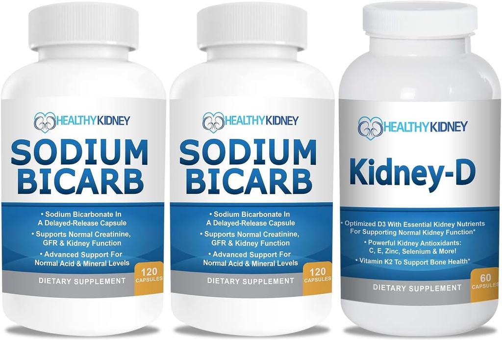 Sodium Bicarbonate 650mg Capsules for Acid Relief, Alkalinity 120 Pil 2-Pack + Kidney- D Ginjal Suplemen. Vitamin D Teroptimasi untuk Dukungan Ginjal.