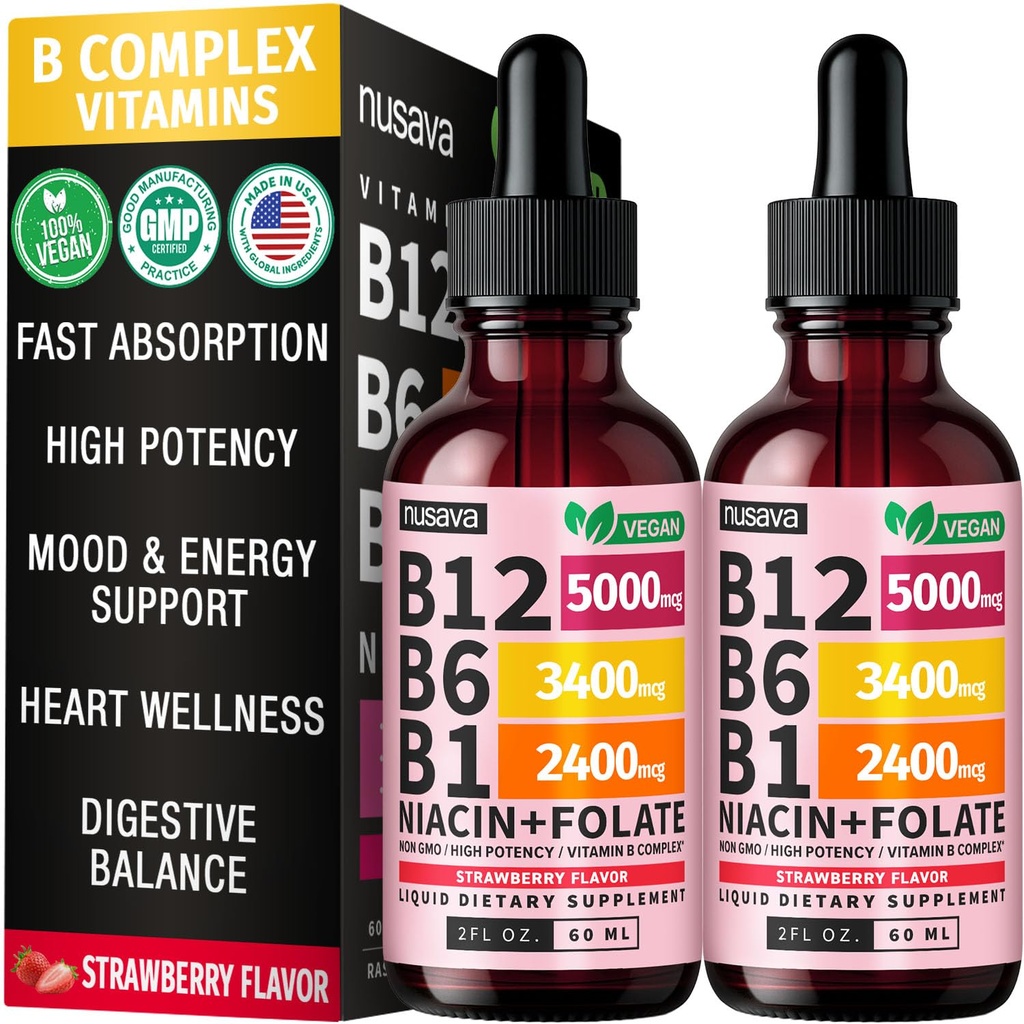 (2 Paket) Vitamin B12 dan B6 Liquid Drops, B12 Sublingual Vitamin B Kompleks - B 12 Vitamin 5000mcg - B12 Methylcobalamin Energi, Brain, dan Heart Dukungan dengan 27.200 mcg, Strawberry, 80 Servis