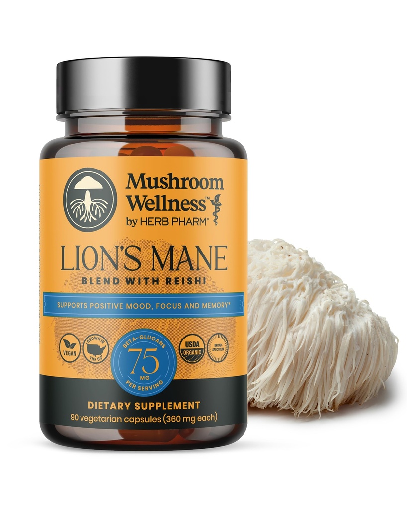 Mashroom Wellness Lion 's Mane Blend with Reishi: Organic Lion' s Mane & Reishi Mushroom Capsules, Mushroom Powder Suplemen, Supports Cognitive Health, Memory, and Mental Focus, 90 Vegan Capsules