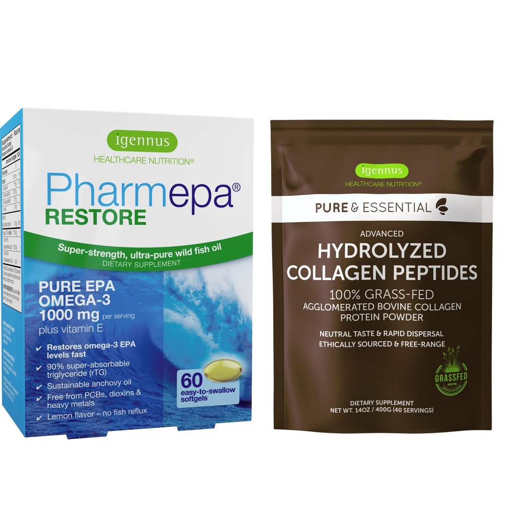 Pharmepa Restore & Advanced Hydrolyzed Collagen Peptides Bundle, 1000mg Pure EPA Omega-3 Minyak Ikan & 100% Grass Fed Bovine Collagen Protein Powder, oleh Igennus