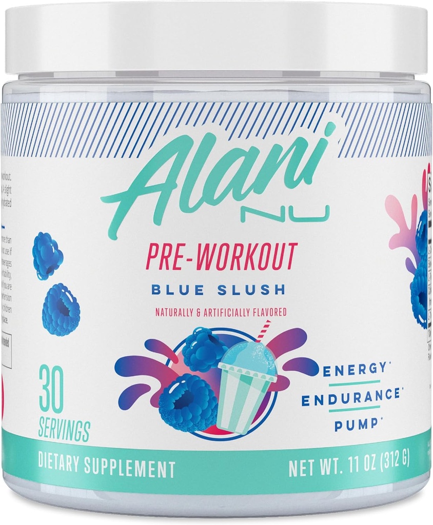 Alani Nu Pre Workout Powder Blue Slush, Amino Energy Boost, Endurance Suplement, Sugar Free, 200mg Caffeine, L-Theanine, Beta-Alanine, L-Citrulline, 30 Servings