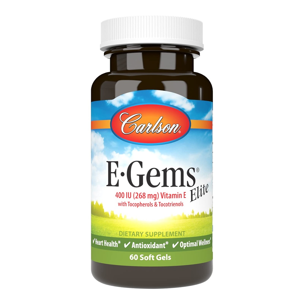 Carlson - E- Gems Elite, 400 IU Vitamin E dengan Tocopherols & Tocotrienol, Heart Health & Optimal Wellness, Antioksidant, 60 gels lembut