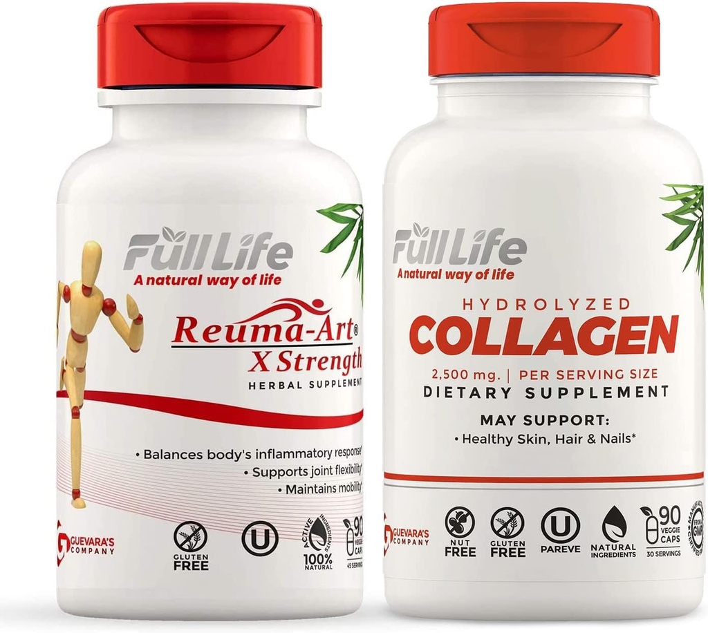 Full Life Reuma- Art X Kekuatan dan Collagen Hidrolyzed - Bersama Dukungan Dukungan - Bovine Collagen Pil - Kosher, Gluten- Bebas - 90 Veggie Kapsul Masing-masing