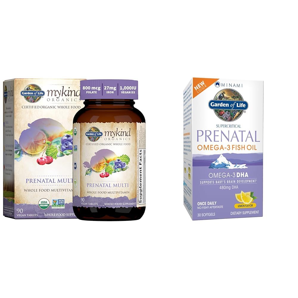 Garden of Life Women 's Prenatal Multivitamin dengan Vitamin D3, B6, B12, C & Iron & Minami Natural Prenatal DHA Omega 3 Fish Oil Suffels, Lemon, 30 Count