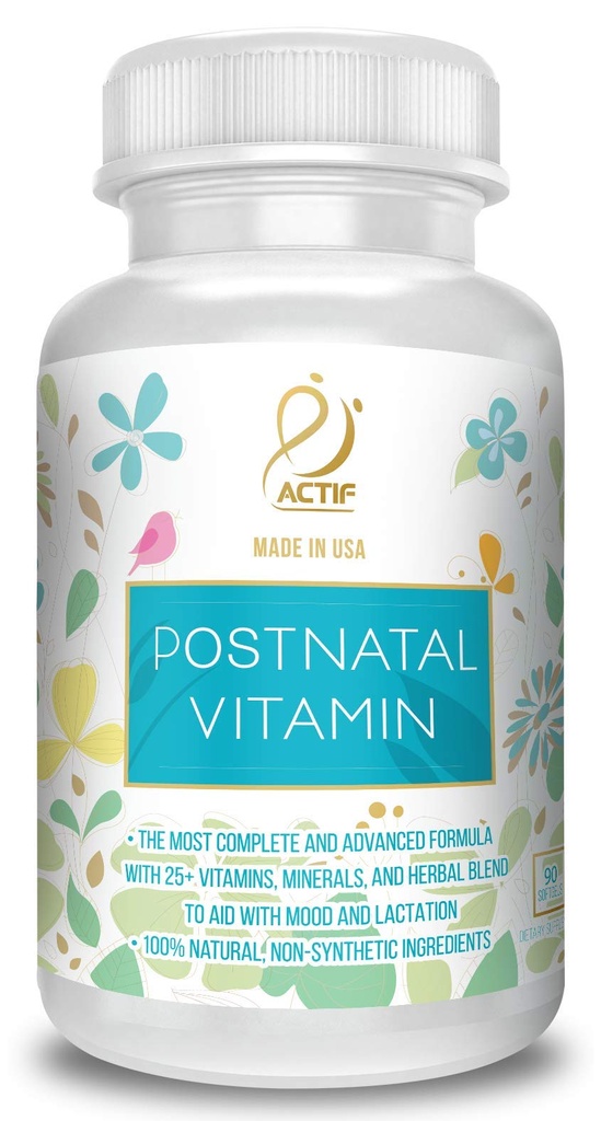 ACTIF Postnatal Vitamin with 25 + Organic Vitamin and Organic Herbs, Nursing and Lactation Supplement, Support Baby 's Brain Development, Non-GMO, Made in USA, 90 Count