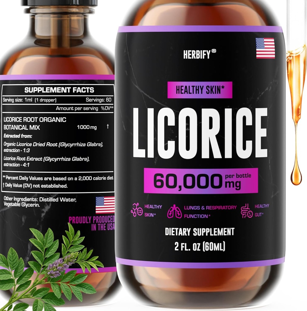 HERBIFY Licorice Root Extract - Imporice Licorice Suplement - Lung Suplemen - Licorice Extract for Skin Health and Imune Support - Made in USA - 2oz