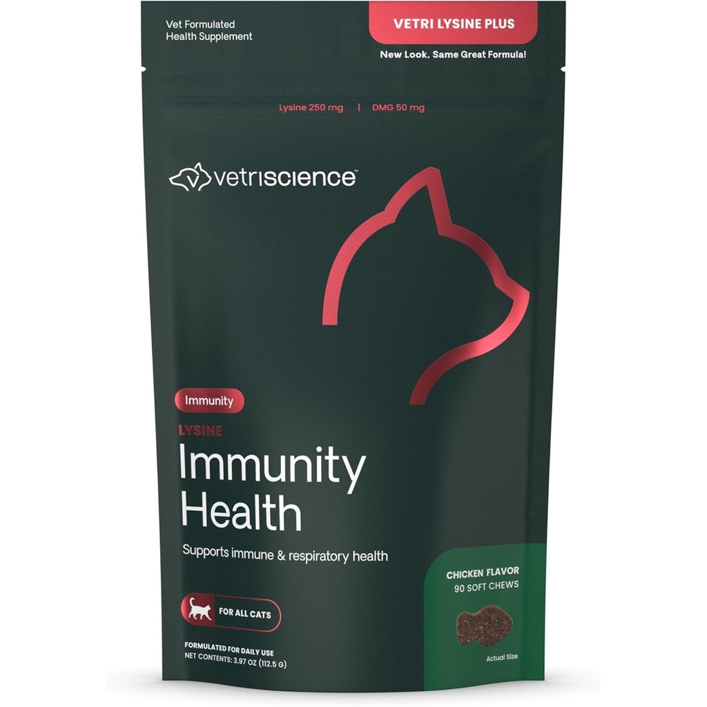 VetriScience Lysine Immunity Health Chews, 250 mg Lysine Plus Immune Suplement for Cats and Kittens with Allergies, Sneezing, Runny Nose and Watery Eyes, Chicken, 90 Count