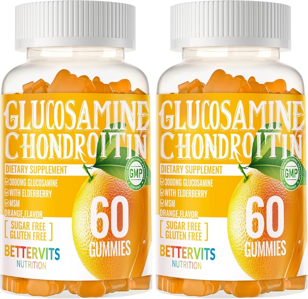 Glucosamin Chondroitin Gummies dengan MSM & Elderberry Extra Strength - Dukungan Bersama, Dukungan Ammune Antioksidasi untuk Dewasa, Pria & Women120 Orange Gummies