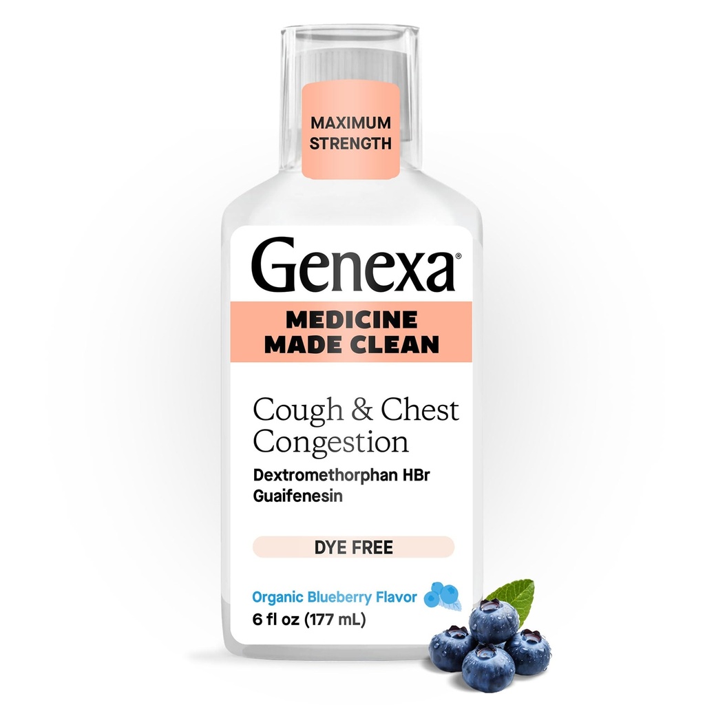 "Genexa Clean Cough & Chest Contraffic Relief", "Dye Free", 0% Artificial Addicitive, Multiptom Maximum Energy Relief Syrup, Cough Suppresant "& Expectorant, Organic Blueberry Flavor, 6 fl Bluez