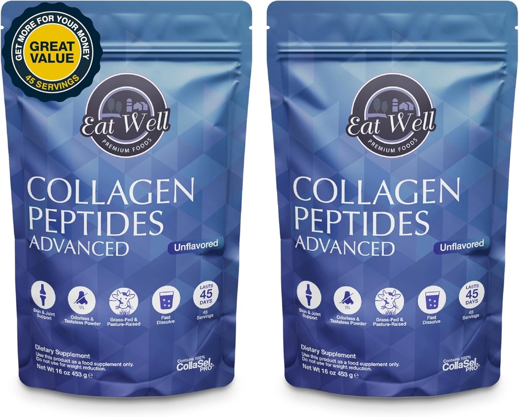 EAT WELL PREMIUM Foods Collagen Peptides Powder Protein 45 Servis, 16oz, Collagen for Skin, Bone and Joint Dukungan, Tipe I & III Grass Fed Collagen (45 Servings (Paket 2), Unflashed)