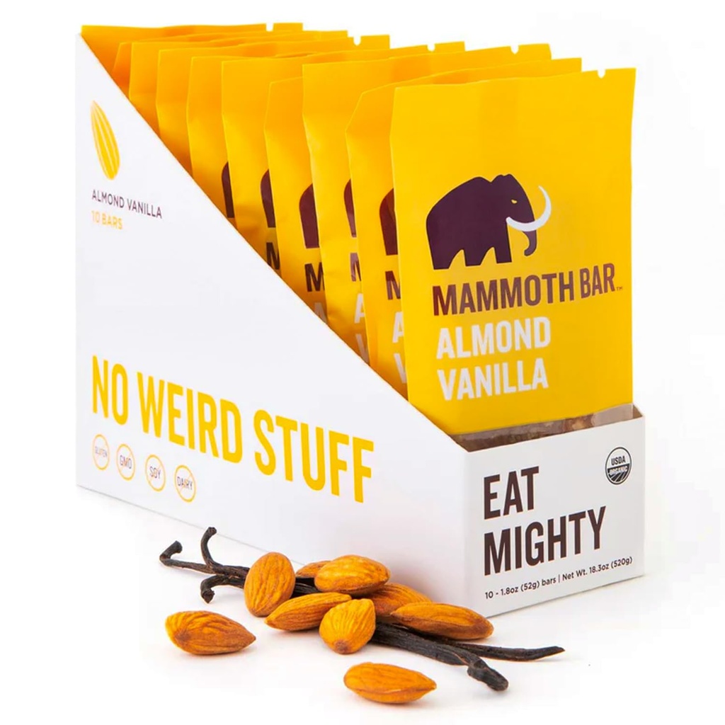Bar Mammoth Almond Vanilla Bar - 10 Protein Organik Bars - Prebiotik Paleo Gluten Free Egg Protein Bebas