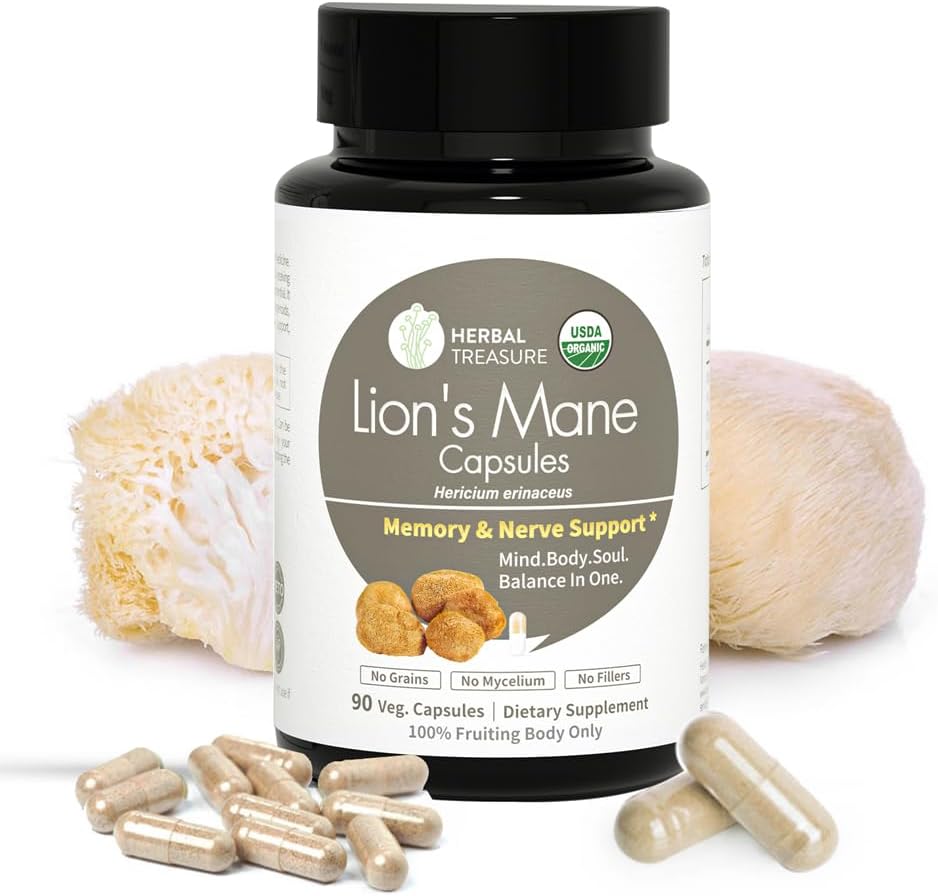 Herbal Treasure Lions Mane Supplement Kaples, Dibuat dengan Bubuk Mane Mane Organik untuk Mental Clarity and Focus Suplemen, 800mg Lions Mane Powder Organic Mushroom Tambahan 90