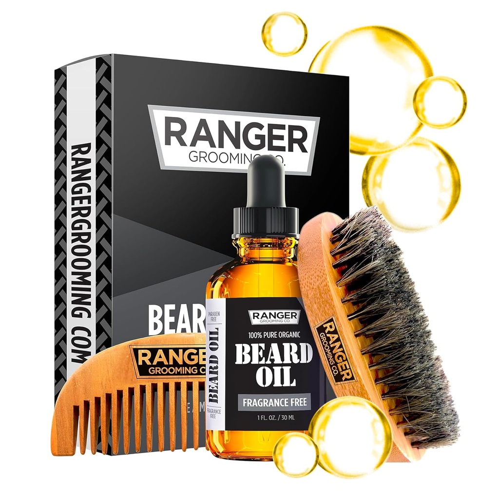Beard Kit by Ranger Grooming Company by Leven Rose, 100% Organic Natural Fragrance Free Unscented Beard Oil, Boar Bristle Beard Brush, Natural Wood Comb Care Starter Set for Men