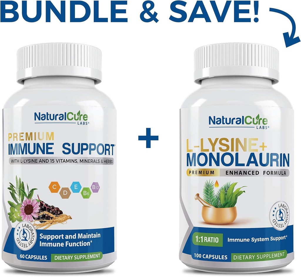 Natural Cure Labs Bundle: Dukungan kekebalan + L- Lysine + Monolaurin