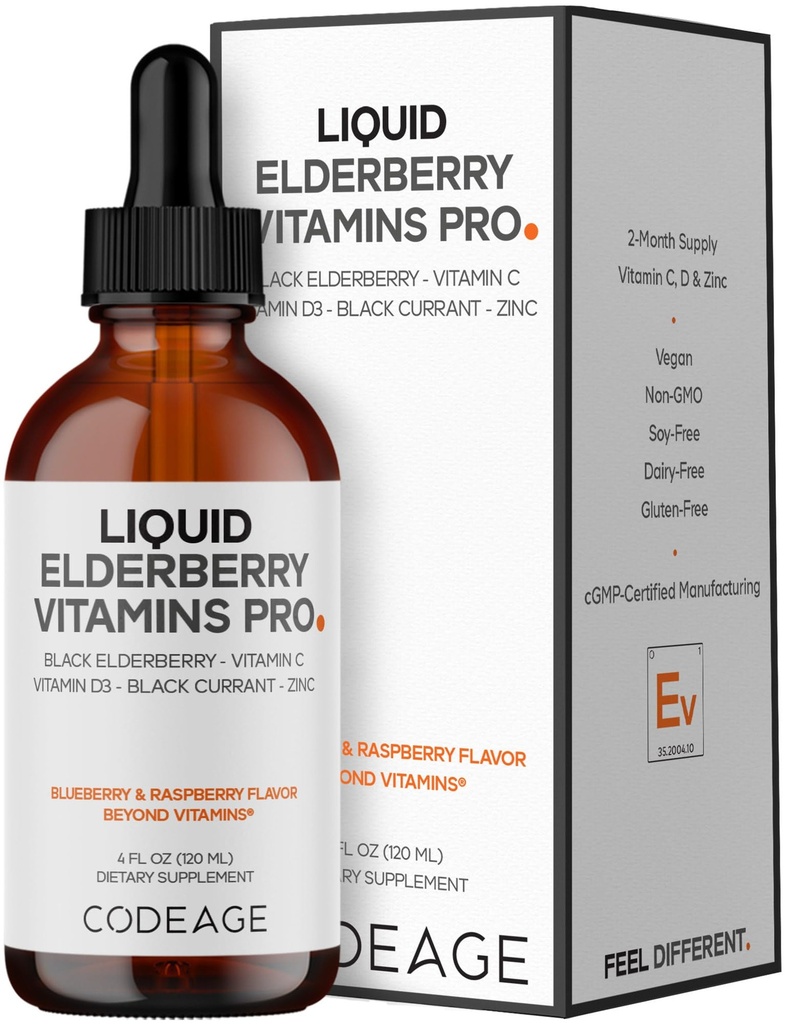 Codeage Elderberry Vitamin Pro - Organic Black Elderberry Liquid Drops - Vitamin C, D3, Zinc, Black Currant - Persediaan Bulan - Black Sambucus Liquid