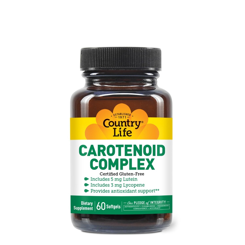 Country Life Carotenoid Complex dengan Lutein, Lycopene dan Astaxanthin, 60 Softgels, Antioksidant Dukungan