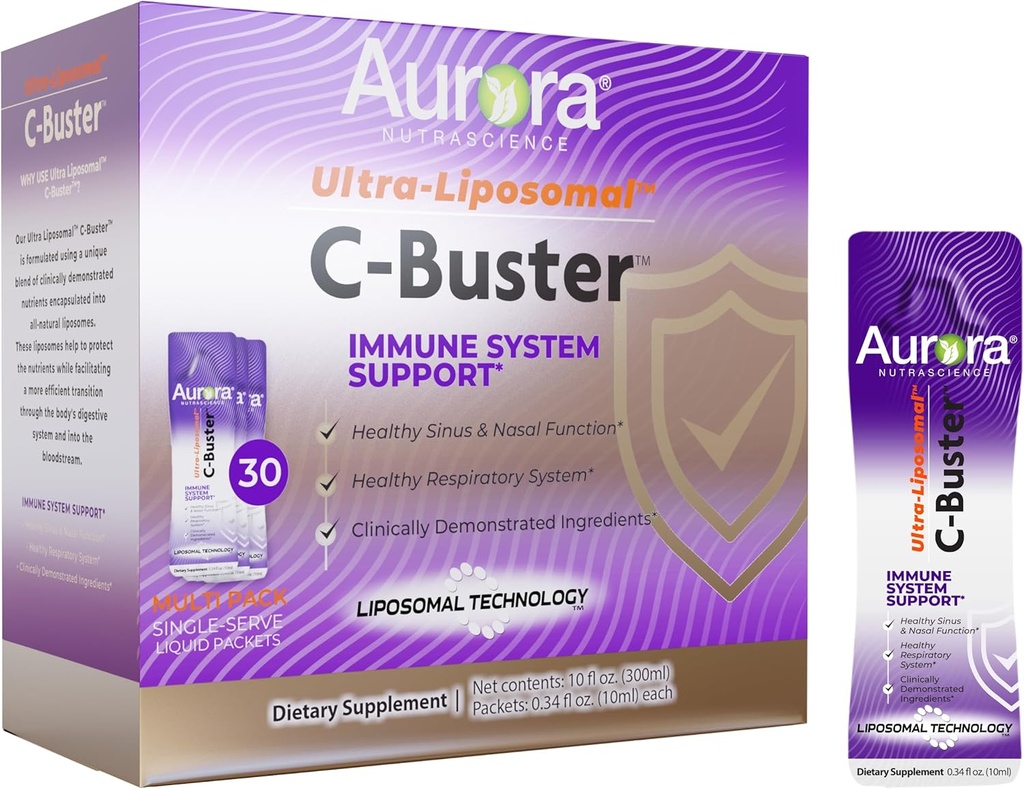 Aurora Nutrasains Ultra Lipomal C-Buster System Ammune Dukungan, Vitamin C, Vitamin D, Zinc, Elderberry, Pelargonium, Vitamin K & Ginseng, 30 Pawan, 10 ML
