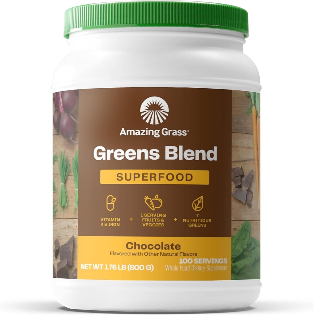Amazing Grass Greens Superfood Powder: Greens Powder with Digetical Enzymes & Progories, Organic Spirulina, Chlorella, and Beet Root Powder, Chocolate, 100 Servings