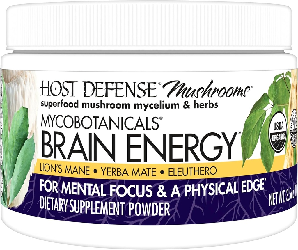 Defense Host MycoBotanicals Brain * Powder - Brain & Focus Dupport with Lion 's Mane Mushroom - Dietary Suplemen dengan Yerba Mate for Energy Dups - 3.5 oz (33 Pelayan) *