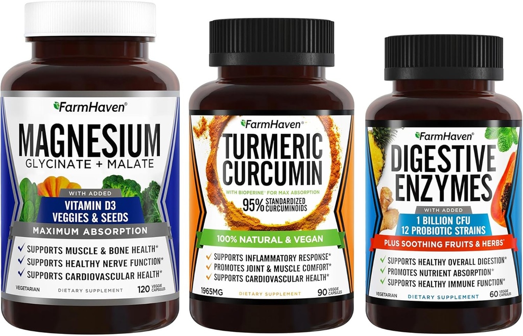 FarmHaven Magnesium Glycinate & Malate Complex w / Vitamin D3 & Turmeric Curcumin dengan BioPerine Black Pepper & Digeptical Enzymes dengan 18 Propulse & Herbs