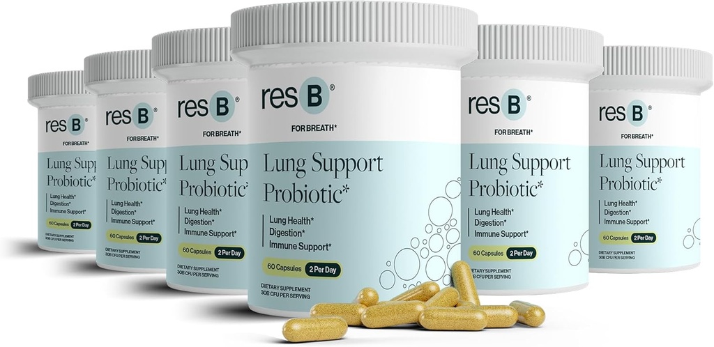 resbiotic resB Lung Dukung Probiotic Suplement - Lung Health Suplement for Smokers, Gut Health, Imune Adport, Respirate Care, Holy Basil, Turmeric, Clinical Tricly - 360 Capsules (6 Botol)