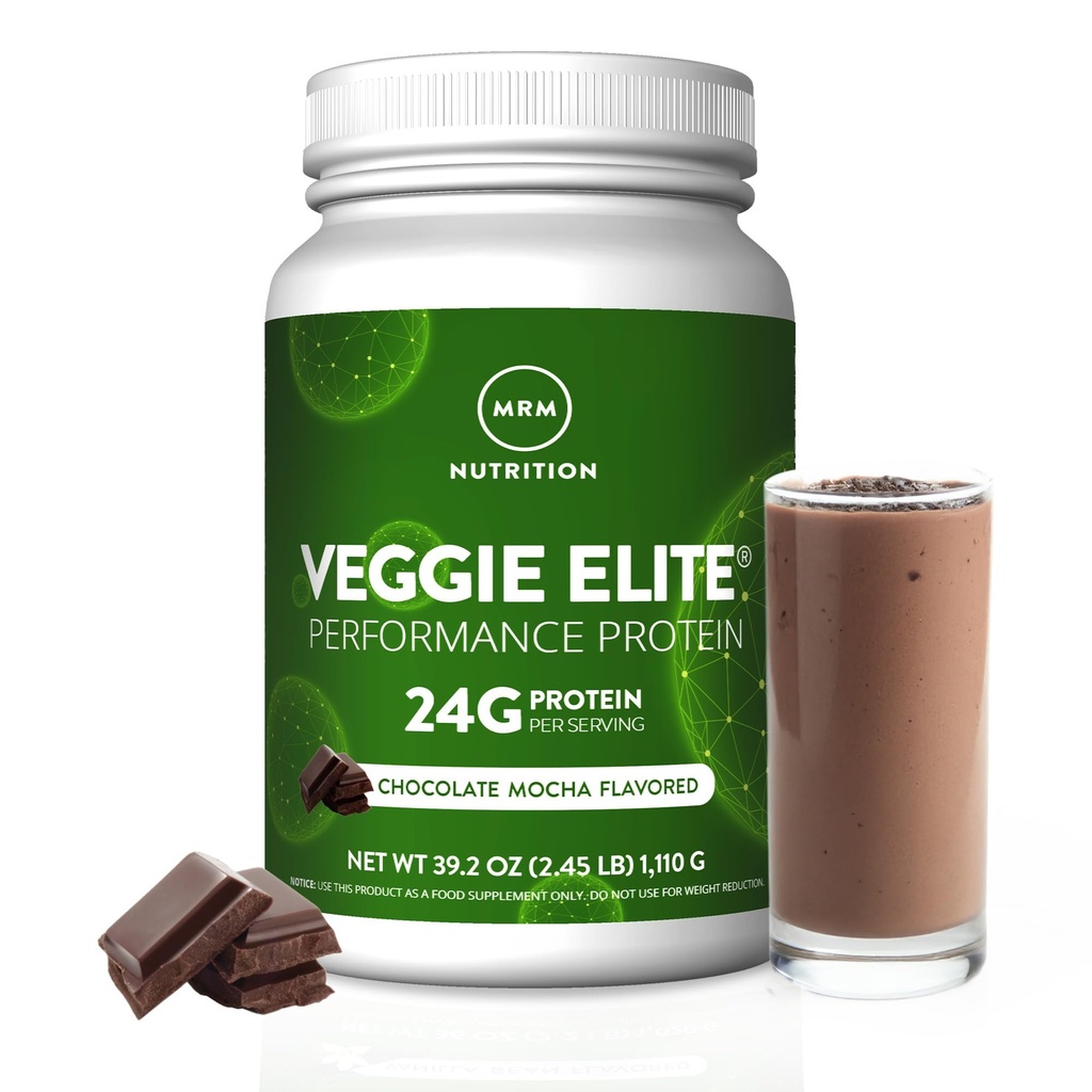 Veggie Nutresi MRM Elite Performance Protein 124; Chocolate Mocha Flavored 124; Plant Berbasis Protein 124; Mudah untuk Digest 124; dengan BCAAs 124; Vegan + Gluten- Free 124; Clinically Teruji 124; enzim Digetical 124; 30