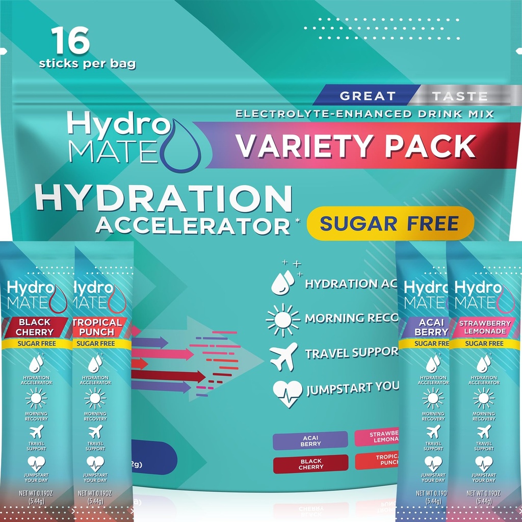 Electrolyte Powder Sugar- Free Hydration Packet Variety Pack HydroMATE 16 Sticks