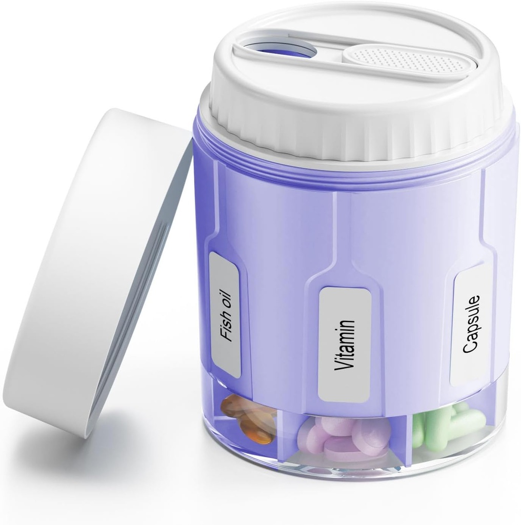 Daviky Pill Bottle Organizer, Advanization Organizer Tambahan dengan 7 Kompartemen Besar, Kotak Pill Discenser Round dengan Two Lids Ungu