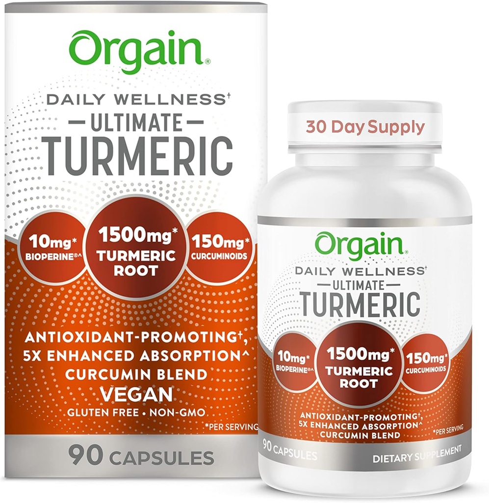 Orgain Suplemen Turmeric Ultimate 1500mg, Curcumin dan Bioperine Black Pepper Extract Herbal Blend, Support AntioksidanHeart Health - 90 Kapsul, 1 Bulan Supply