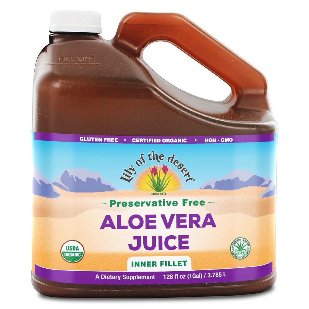 Lily of the Desert Aloe Vera Juice - Organic, Presertive- Free Inner Fillet Aloe Vera Drine with Natural Digetical Enzymes for Gut Health, Hodach Relief, Wellness, Glowing Skin, 128 Fl Oz