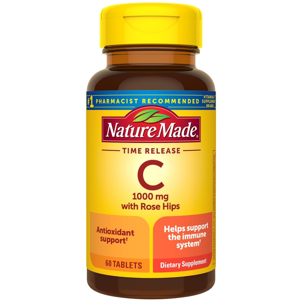 Nature Made Vitamin C 1000 mg with Rose Hips, Dietary Supplement for Imune Support, 60 Time Rilis Tablet, Supply 60 Hari