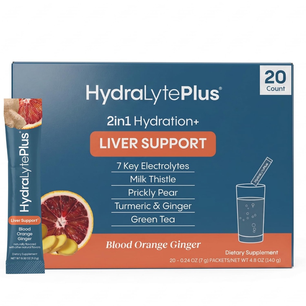 Hydralyte Liver Dukung + Electrolite Mix dengan Milk Thistle, Turmeric, Ginger, Prickly Pear, Green Tea Extract Formulate for Rapid Rehydration (Blood Orange Ginger, 20 Paket)
