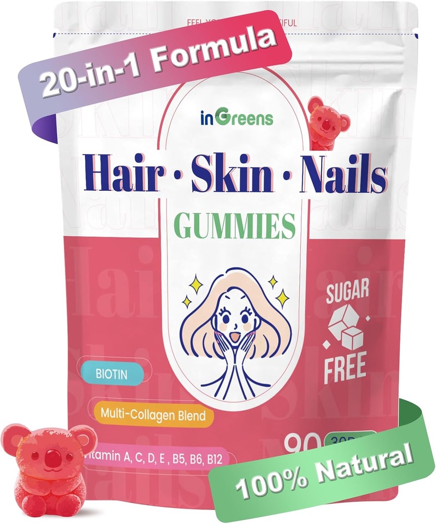 20- in 1 Hair Skin dan Nails Gummies, Hair Biotin Vitamin for Women & Men with 10000 mcg Biotin, Vitamin A, C, D, E for Hair Growth & Heally Skin, White Peach Flavor, 90 Gummies