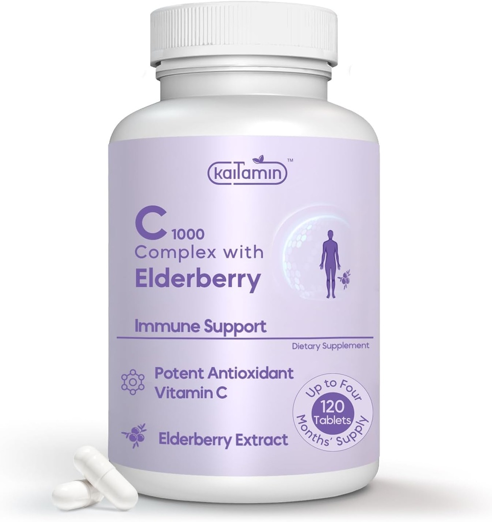 Vitamin C 100mg dengan Rose HIPS + Sambucus Elderberry - C1000 Complex Dietary Suplemen Imune & Antioksidant Dukungan - 120 Tablet untuk Upto 120 Days (120 Count (Paket 1)