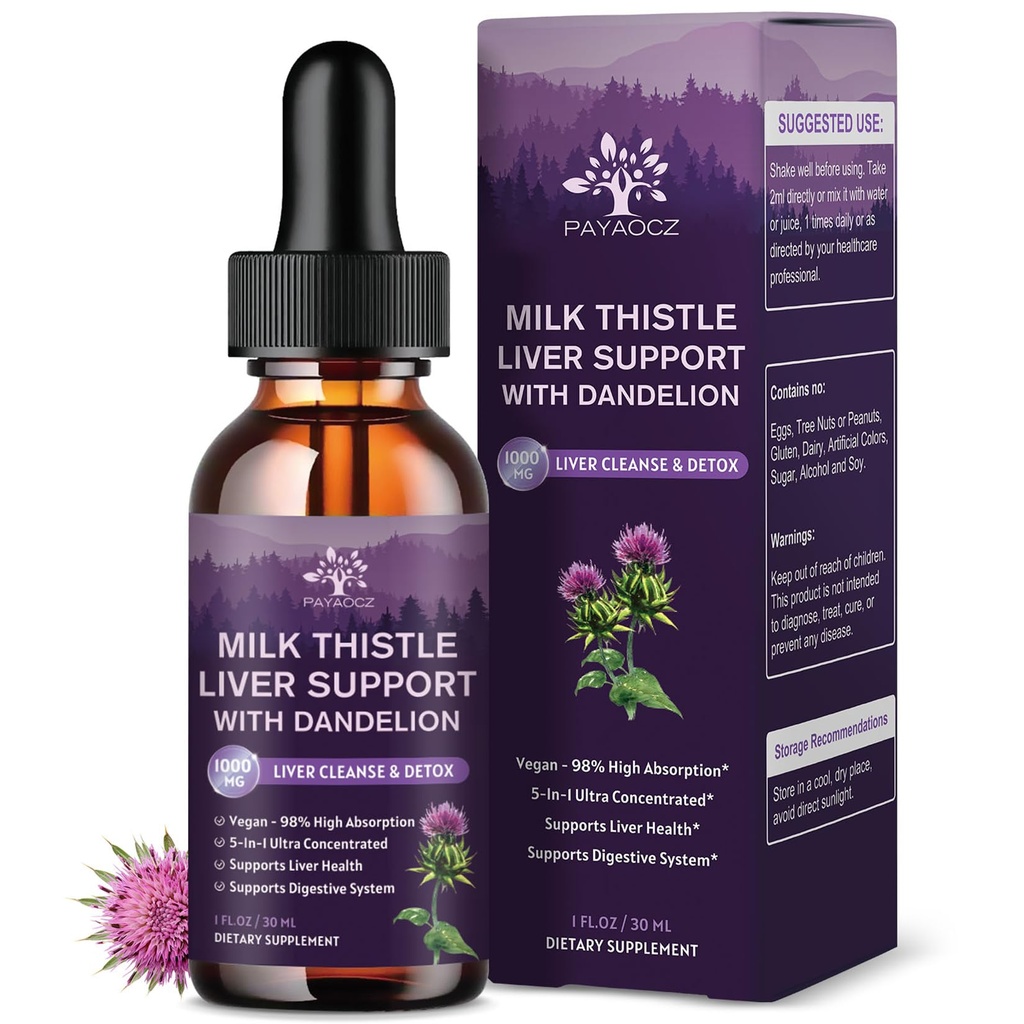 (4 Paket) Cairan Tebal Susu Thistle Menjatuhkan Silymarin 10000mg, Detox Tambahan Liver & Cleanse dengan Dandelion & Artichoke, Milk Thistle Ekstrak Organik untuk Dukungan Keselamatan Kesehatan, Vegan, Non-GMO, 1 Fl Oz