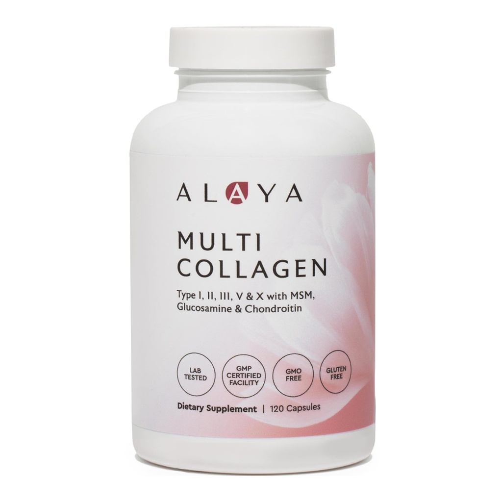 Alaya Hydrolyzed Multi Collagen Peptides Protein Capsules - Tipe I, II, III, V, X Grass-Fed Bovine, Chicken, Marine Collagen Suplemen dengan MSM + GC (Capsules - 120 Count)