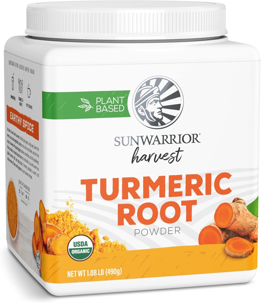 Sunwarrior Organic Turmeric Root Powder 124; Pure Raw Superfood Pounder for Baking Smoothies and Curry 14; USDA None-GMO 490g Tub (70 SRV) Organik Harvest