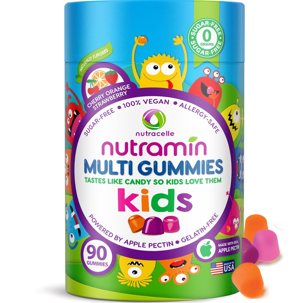Nutracelle NUTRAMIN Sugar- Free, Allergen - Free 100% Vegan Gummy Multivitamin untuk Anak - Great Tasting Natural Gummies Anak-anak Anda akan Cinta - 90 Count Bottle
