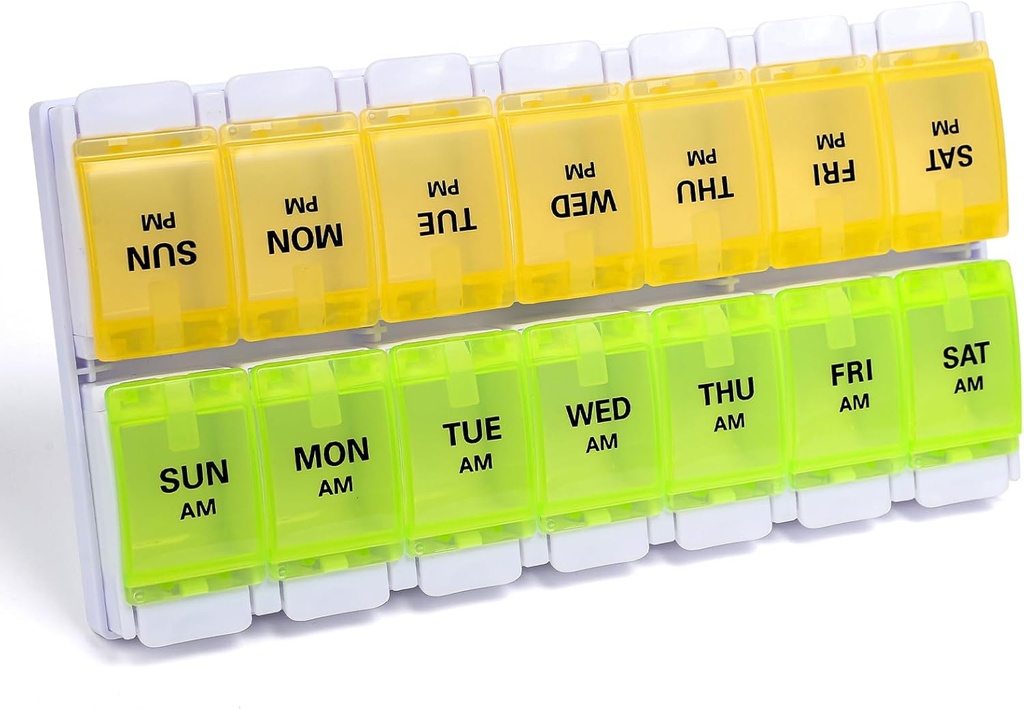 Sukuos AM PM Weekly Pill Organizer 7 Day, 2 Times A Day Meds Pill Box with Easy Push Button, BPA Free Vitamin Cases for Fish Oil / Supplies (Yellow & Green)