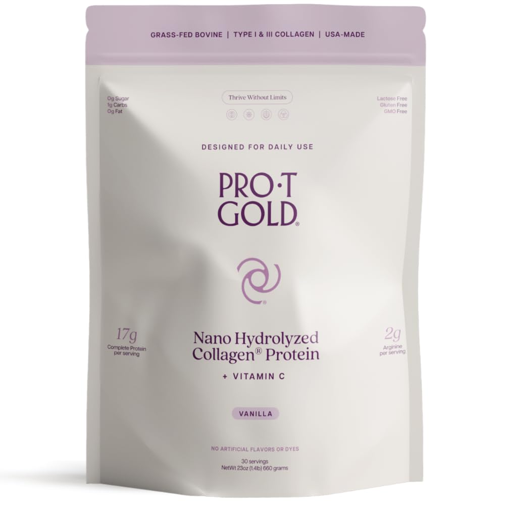 ProT Gold Collagen Protein Powder, 17g Protein Nano-Hydrolyzed Grass Fed Collagen, Vitamin C, 2g Arginine for Weund Dups, Gluten Free, All Natural, Fat and Sugar Free, 0g Carbs, Vanilla, 23 oz, 30